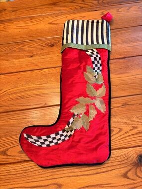 Rare Mackenzie Childs Christmas Stocking Red Holly Courtly Check Stripe